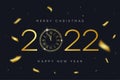 2022 New Year and Merry Christmas banner with gold vintage clock with Roman numerals and golden confetti. Shiny text and clock